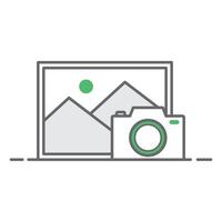 Camera and picture frame icon, black and white linear icon isolated white background vector