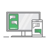 Phone connected on computer. share screen phone and computer, linear icon isolated white background vector