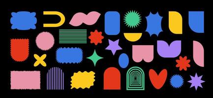 Trendy abstract geometric Y2K Brutalist colorful shapes inspired by Bauhaus and Memphis design. Bold brutalist forms blend with playful colorful triangles, circles, heart, abstract forms, vector