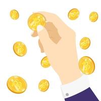 Gold Bitcoin, hold Crypto coin in hand. fall coins. digital means of payment. Concept for site or design for print banners or carts. illustration on white background vector