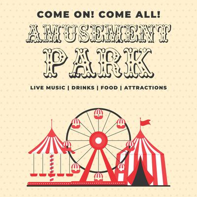 Colorful vintage amusement park invitation post. Ferris wheel, circus tent, carousel in flat style. Retro illustration. Template for advertising banner, card, flyer, poster and more