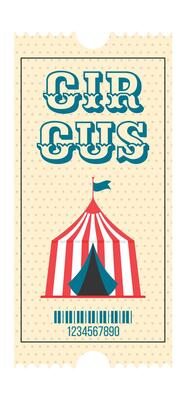 Colorful vintage circus ticket. Striped circus tent in the center, decorative text circus, barcode and more. Vertical flat illustration on white background