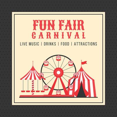 Colorful vintage fun fair carnival invitation banner. Ferris wheel, circus tent, carousel in flat style. Retro illustration. Concept for advertising card, poster, flyer, post and more