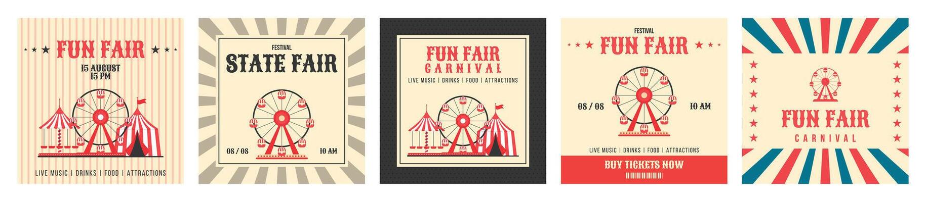 Colorful vintage fun fair festival invitation banner set. Ferris wheel, circus tent, carousel in flat style. Retro illustration. Concept for advertising card, poster, flyer, post and more
