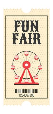 Colorful vintage fun fair ticket. Ferris wheel, decorative text fun fair and barcode. Vertical flat illustration on white background