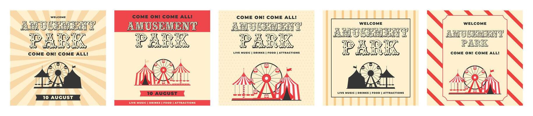 Colorful and monochrome vintage amusement park invitation post set. Ferris wheel, circus tent, carousel in flat style. Retro illustration. Template for advertising banner, card, flyer, poster and more