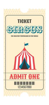 Colorful vintage circus ticket. Striped circus tent in the center, decorative text circus, admit one, barcode and more. Flat illustration on white background