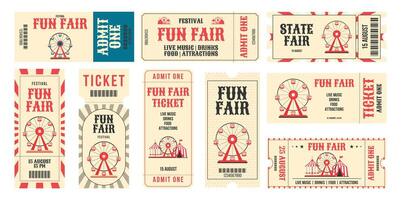 Vintage fun fair horizontal and vertical tickets set. Ferris wheel, circus tent, carousel, decorative elements and more details events. Flat illustration on white background vector