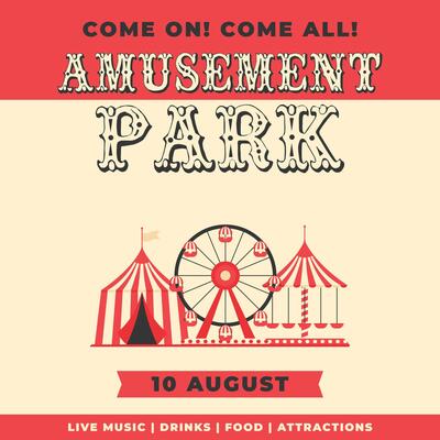 Colorful vintage amusement park invitation poster. Ferris wheel, circus tent, carousel in flat style. Retro illustration. Template for advertising banner, card, flyer, post and more