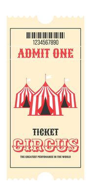 Colorful vintage circus ticket. Three striped circus tents in the center, decorative text circus, admit one, details events, barcode and more. Vertical flat illustration on white background