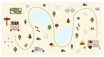 Camping and Hiking map creator. Set of flat elements for constructing childrens camp activity. Nature plan with mountains, lakes, car, trees and other icons for summer trip. illustration vector