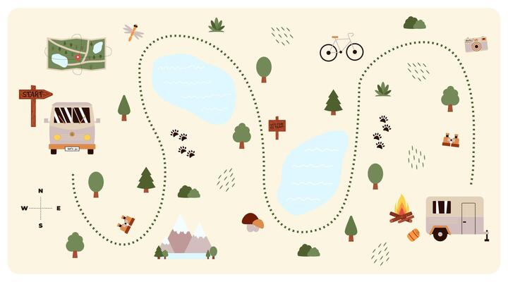 Camping and Hiking map creator. Set of flat elements for constructing childrens camp activity. Nature plan with mountains, lakes, car, trees and other icons for summer trip. illustration