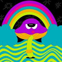 Psychedelic mushroom with funny face and tongue. Funky character in groovy style. Retro trendy card. Flat elements of bright colors. vector
