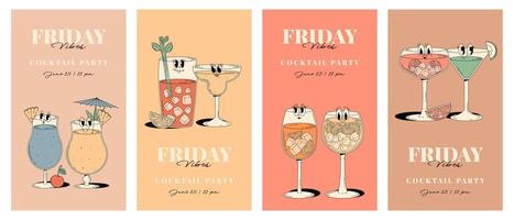 Retro Party Invitation poster set. Funky cocktail characters in groovy style. Vintage Friday vibes. Summer vertical banners vector