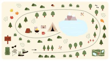 Camping and Hiking map creator. Set of flat elements for constructing kids camp activity. Nature plan with mountains, lake, trees and other icons for summer trip. illustration vector