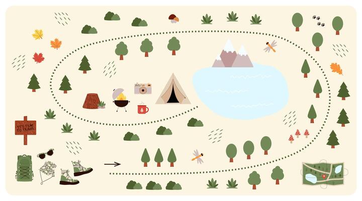 Camping and Hiking map creator. Set of flat elements for constructing kids camp activity. Nature plan with mountains, lake, trees and other icons for summer trip. illustration