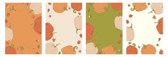 Happy Thanksgiving day background set with empty space for your design. Festive frame with autumn leaves, pumpkins, cranberry and acorn. Vertical poster for fall season. Flat illustration vector