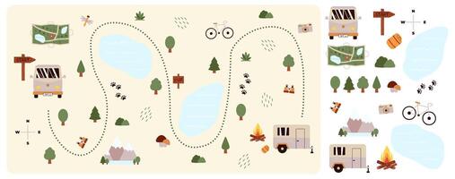 Camping and Hiking map creator and set flat elements for constructing childrens camp. Nature plan with mountains, lakes, car, trees and other objects for summer trip. illustration vector