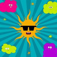 Psychedelic card with characters in groovy style. Retro trendy poster. The sun with glasses and clouds with funny faces. Flat elements in acid colors. vector