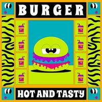 Psychedelic card with cute hamburger character in groovy style. Retro trendy poster. Burger hot and tasty. Flat element in acid colors. vector