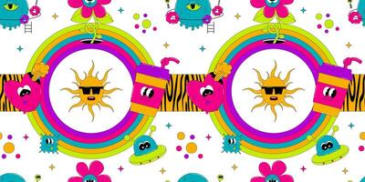 Psychedelic seamless pattern with characters in groovy style. The heart, drink, flower and more with funny faces. Retro elements in acid colors on white background vector
