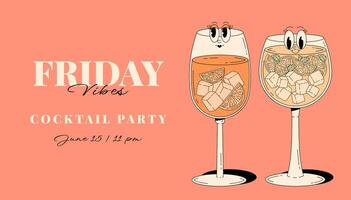 Retro Groovy Party Invitation. Funky cocktail characters aperol spritz and limoncello spritz. Vintage Friday vibes. Summer horizontal banner vector