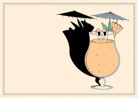 Groovy character pina colada. Retro banner alcoholic beverage with empty space. Retro illustration 70s, 80s style vector