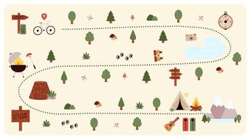 Camping and Hiking map creator. Set of flat elements for creating kids camp activity. Nature plan with mountains, lake, trees and other icons for summer trip. illustration vector