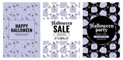 Groovy retro Happy Halloween posters set. Funky violet character pumpkin with spooky and skary face. banner on violet, white and black background vector