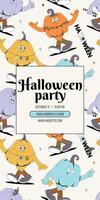 Groovy retro Happy Halloween invitation for party. Retro groovy character pumpkins with creepy and skary face. Contemporary illustration. vector