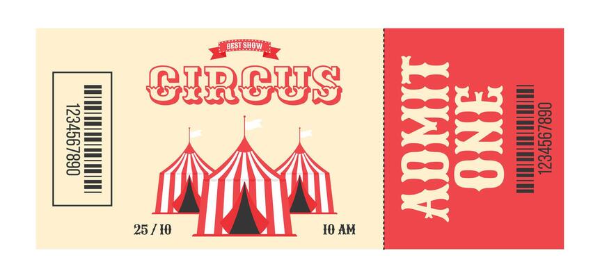 Colorful vintage circus ticket. Three striped circus tents in the center, decorative text circus, best show, admit one, barcode, date and time. Flat illustration on white background