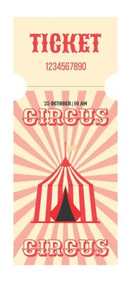 Colorful red vintage circus ticket. Striped circus tent, decorative text circus, ticket and more. Vertical flat illustration on white background