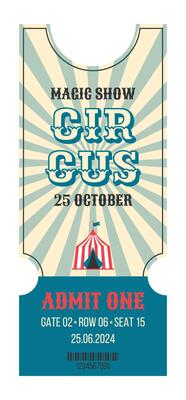 Colorful vintage circus ticket. Striped circus tent, decorative text circus, admit one, magic show and other details events. Vertical flat illustration on white background