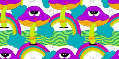 Psychedelic seamless pattern with characters in groovy style. The mushroom, rainbow, clouds and other elements. Retro background in acid colors on white vector