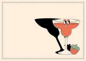Groovy character strawberry margarita. Retro banner alcoholic beverage with empty space. Retro illustration 70s, 80s style vector