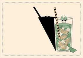 Groovy character strawberry mojito. Retro banner alcoholic beverage with empty space. Retro illustration 70s, 80s style vector