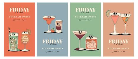 Retro Party Invitation posters set. Funky cocktail characters in groovy style. Vintage Friday vibes. Summer vertical illustrations vector