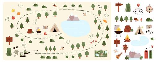 Camping and Hiking map creator and set flat elements for constructing kids camp. Nature plan with mountains, lake, trees and other icons for summer trip. illustration vector