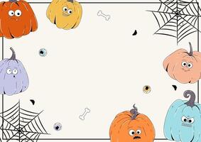 Groovy retro Happy Halloween horizontal background with empty space. Funky colorful character pumpkins with spooky and skary face. Horror and fear illustration vector