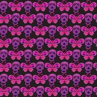 Purple skulls and butterflies on black background. Seamless pattern. vector