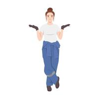 Young woman car technician in uniform and glove with open palm hand showing something. vector