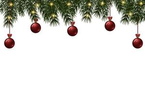 Christmas Tree Branch Decoration With Red Shiny Ball And Lights Isolated Background. vector