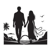 Silhouette of a couple walking on the beach vector