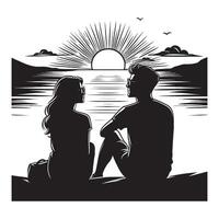 Silhouette of a couple sitting on the beach with the sun setting vector