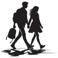 Silhouette of a couple walking with luggage vector