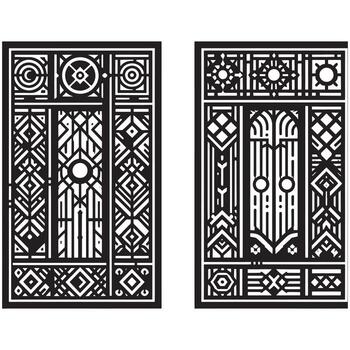 Two black and white images of a window with decorative patterns vector