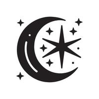 A black and white illustration of a crescent and star vector