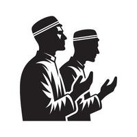 Two men in muslim clothing praying together vector