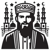 The muslim man with a beard and a mosque in the background vector