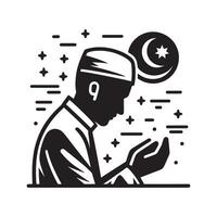 Islamic man praying in front of the moon and stars vector